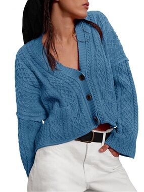 Textured Blue Cable Knit Button-Front Women's Cardigan